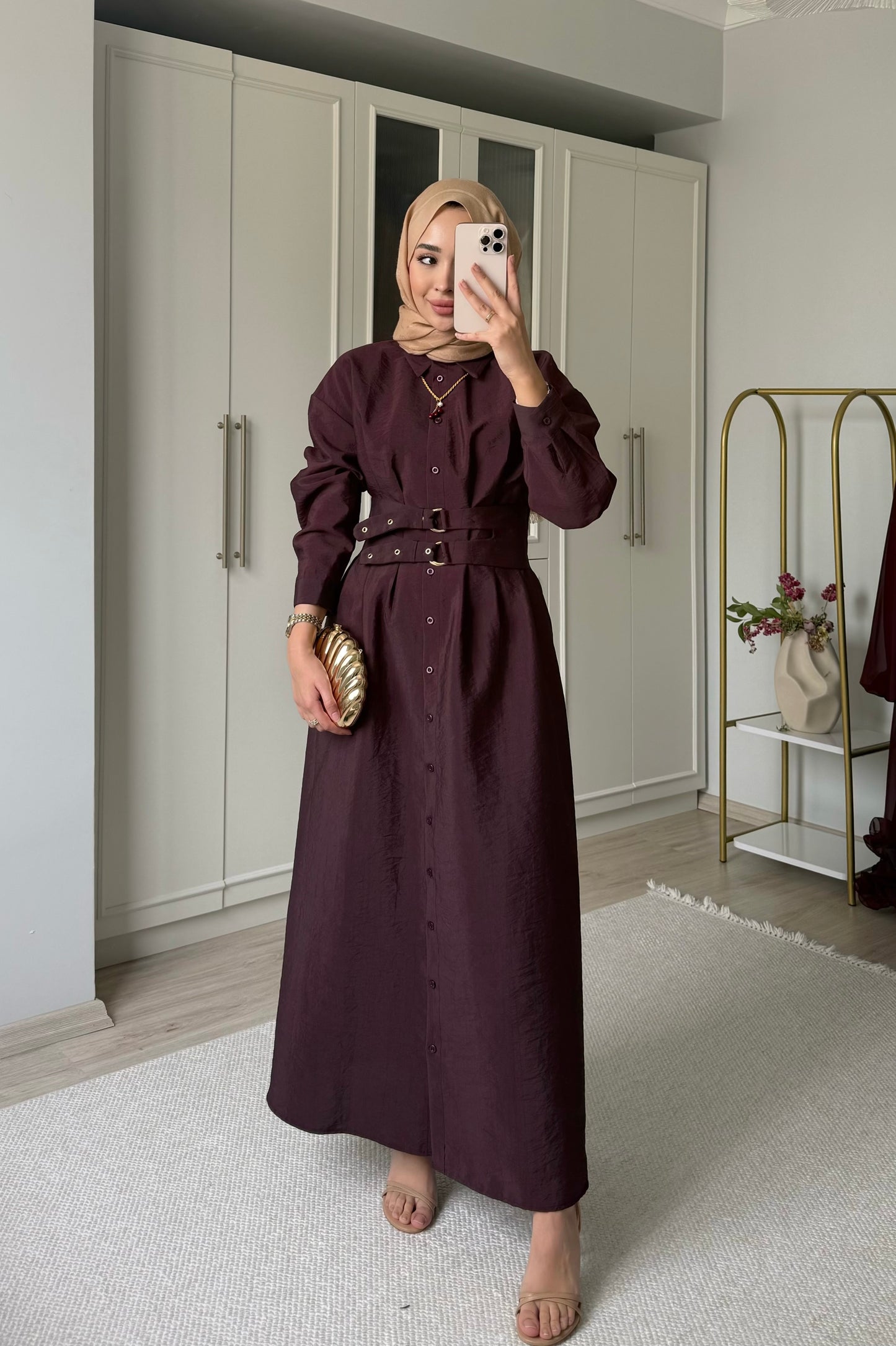 Kemerli elbise - bordo