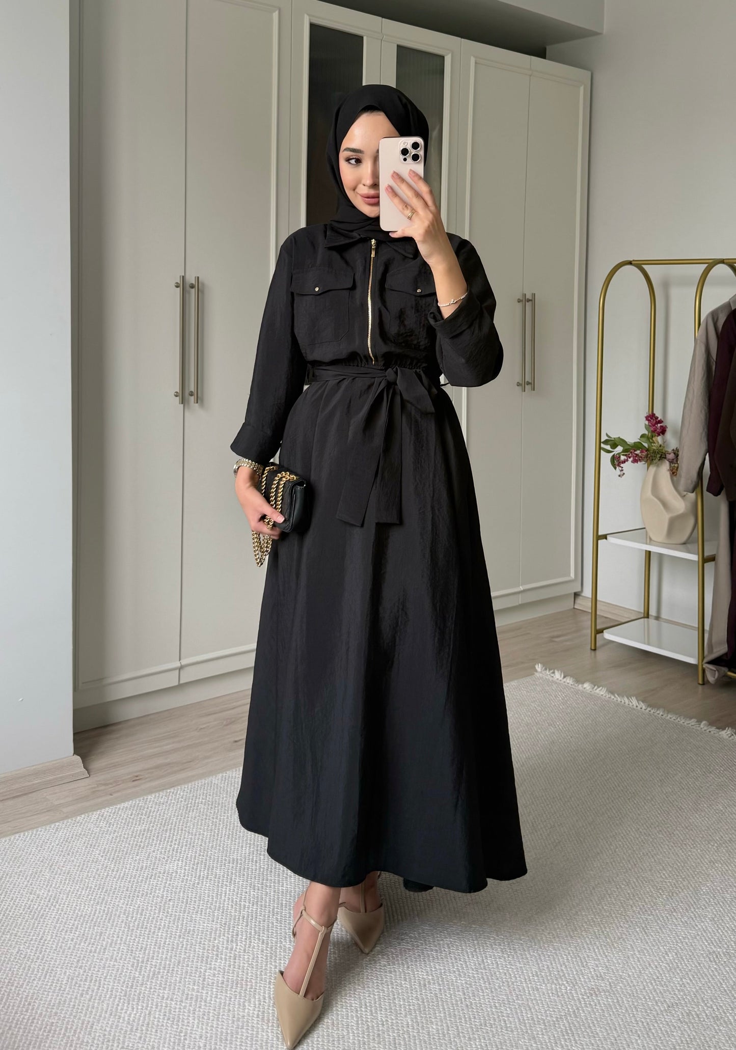 Yarım fermuarlı elbise - siyah